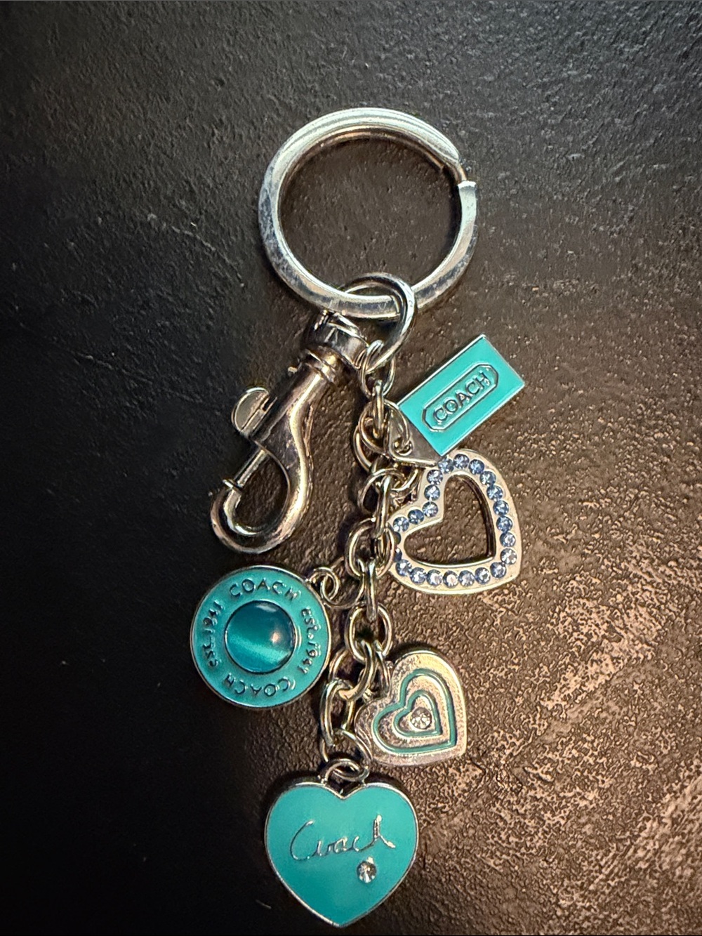 Coach Turquoise Heart Charm Keychain with Rhinestone Accents
